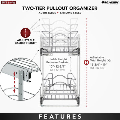 Rev-A-Shelf Pullout 2-Tier Basket Organizer for Kitchen or Vanity Cabinets, 9 x 22 In, 5WB2-0922CR-1