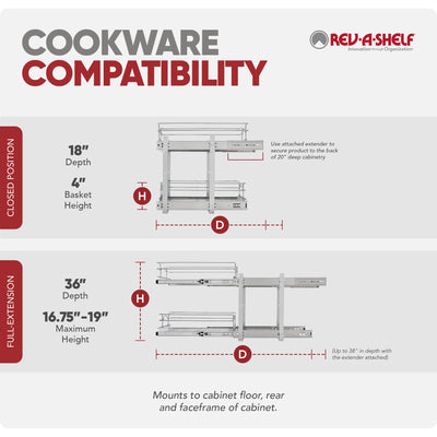 Rev-A-Shelf Pullout 2-Tier Basket Organizer for Kitchen or Vanity Cabinets, 12 x 18 In, 5WB2-1218CR-1 - VMInnovations