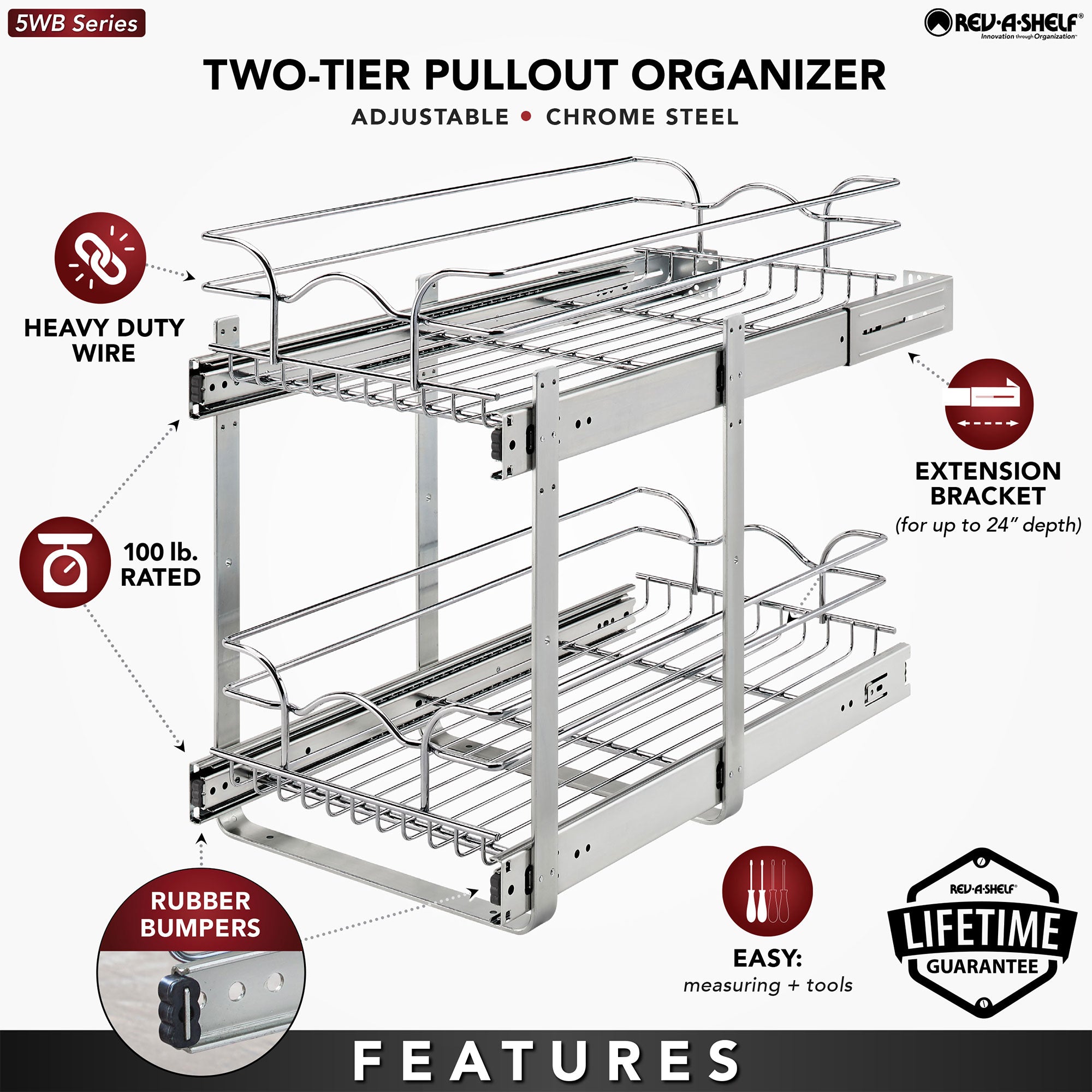 Rev-A-Shelf 5WB2-1222CR-1 12"x22" 2-Tier Cabinet Storage Basket, Chrome (Used)