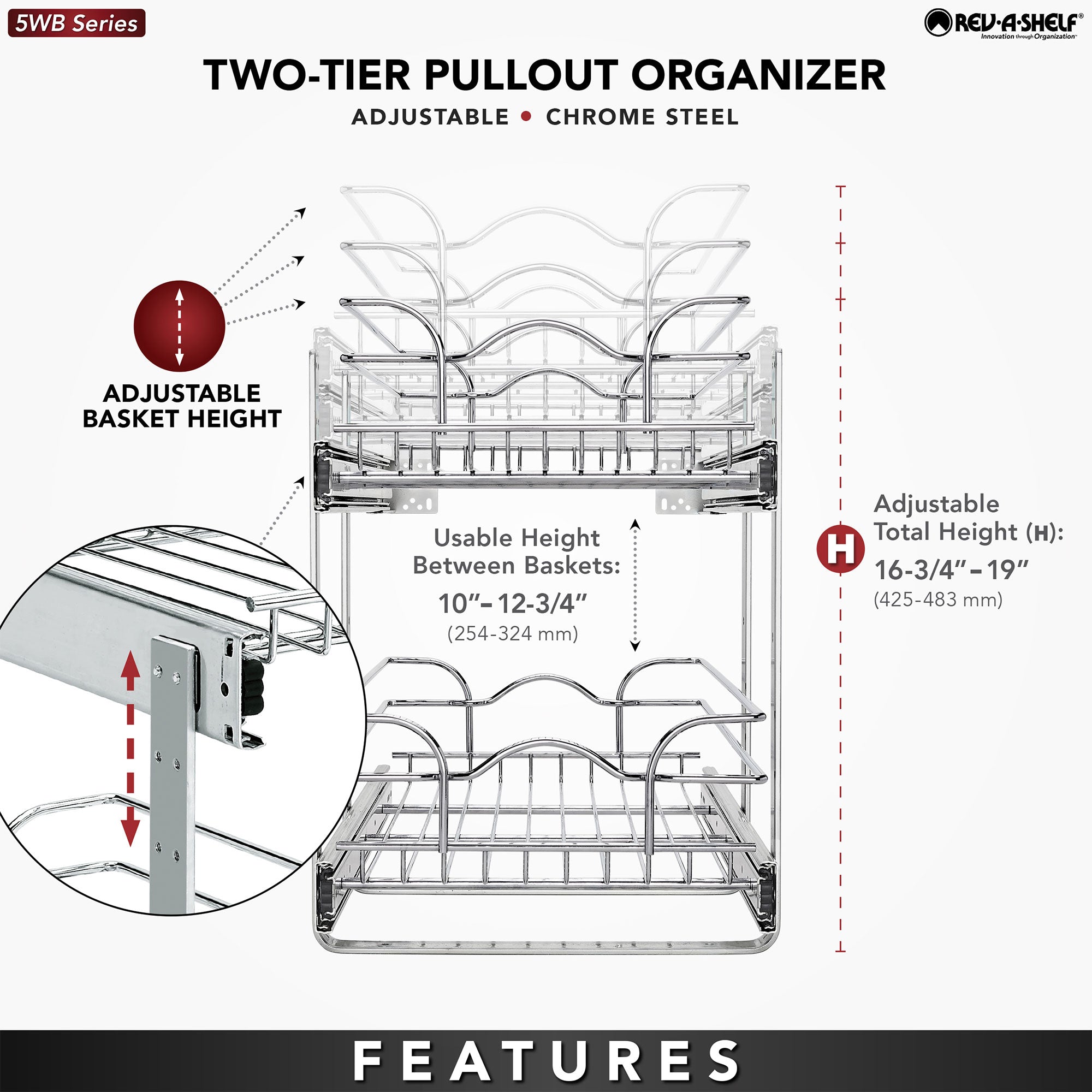 Rev-A-Shelf 5WB2-1222CR-1 12"x22" 2-Tier Cabinet Storage Basket, Chrome (Used)