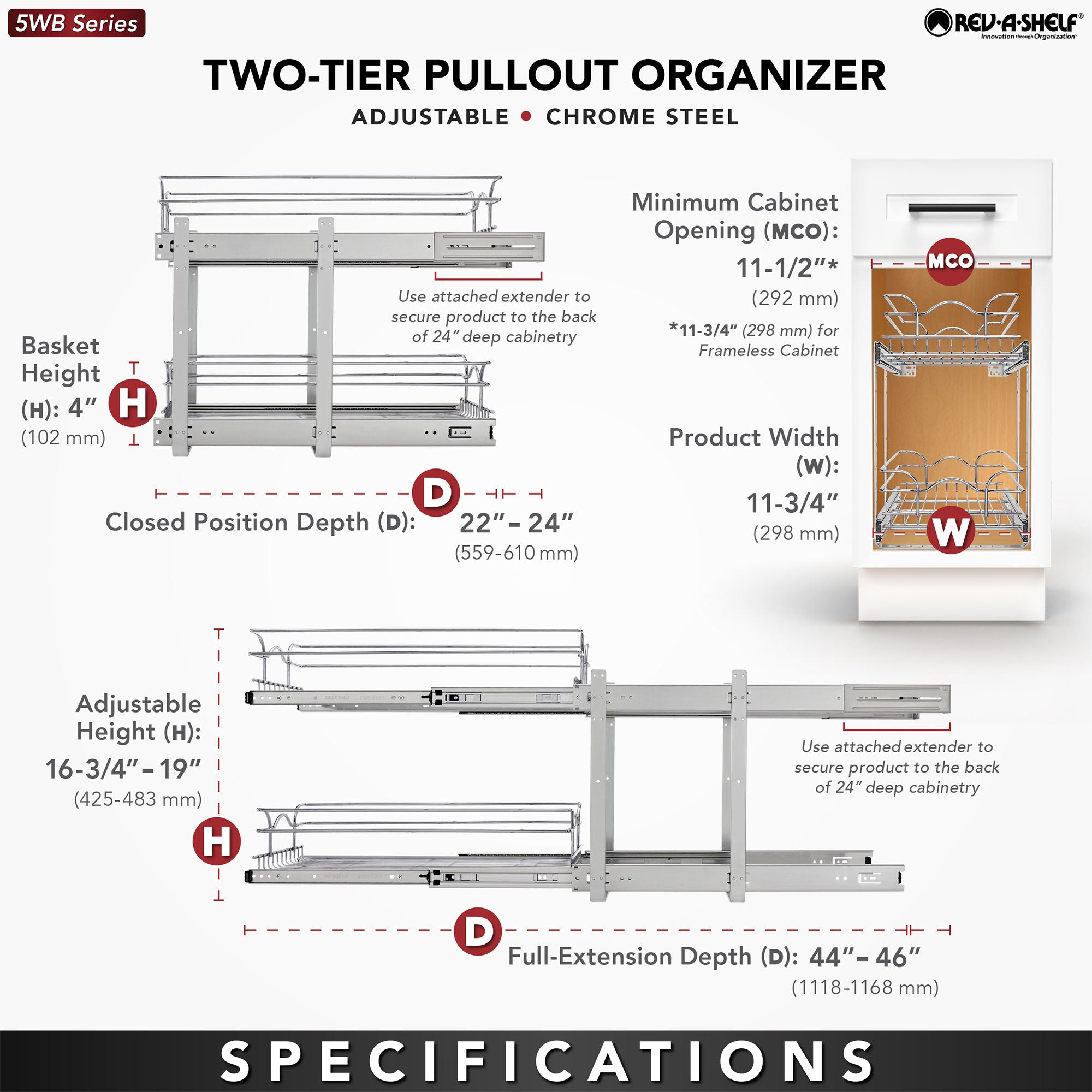 Rev-A-Shelf 5WB2-1222CR-1 12"x22" 2-Tier Cabinet Storage Basket, Chrome (Used)