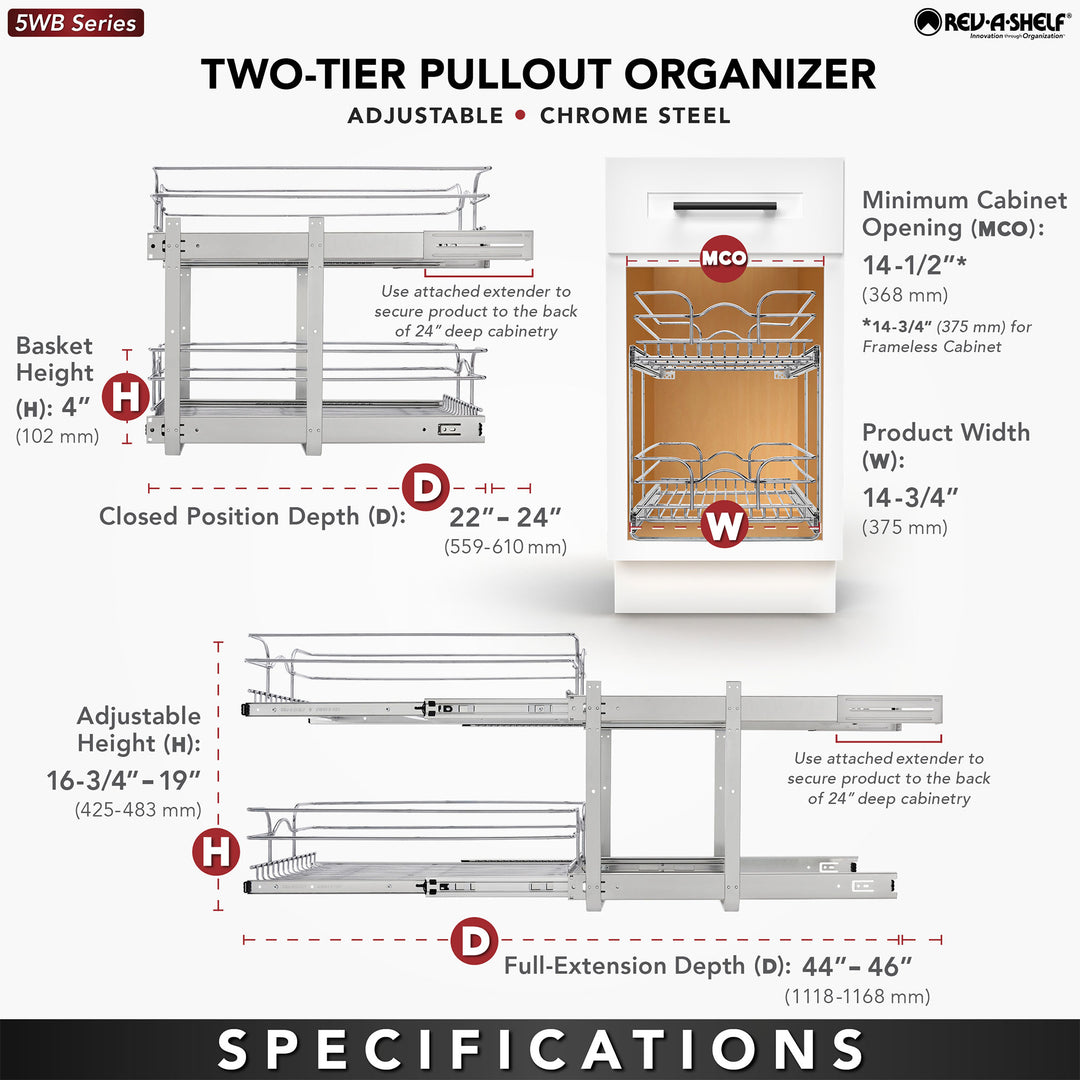 Rev-A-Shelf Kitchen Cabinet Pullout Shelf Organizer, 15 x 22 In, 5WB2-1522CR-1