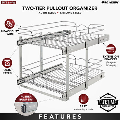 Rev-A-Shelf Pullout 2-Tier Basket Organizer for Kitchen or Vanity Cabinets, 18 x 22 In, 5WB2-1822CR-1
