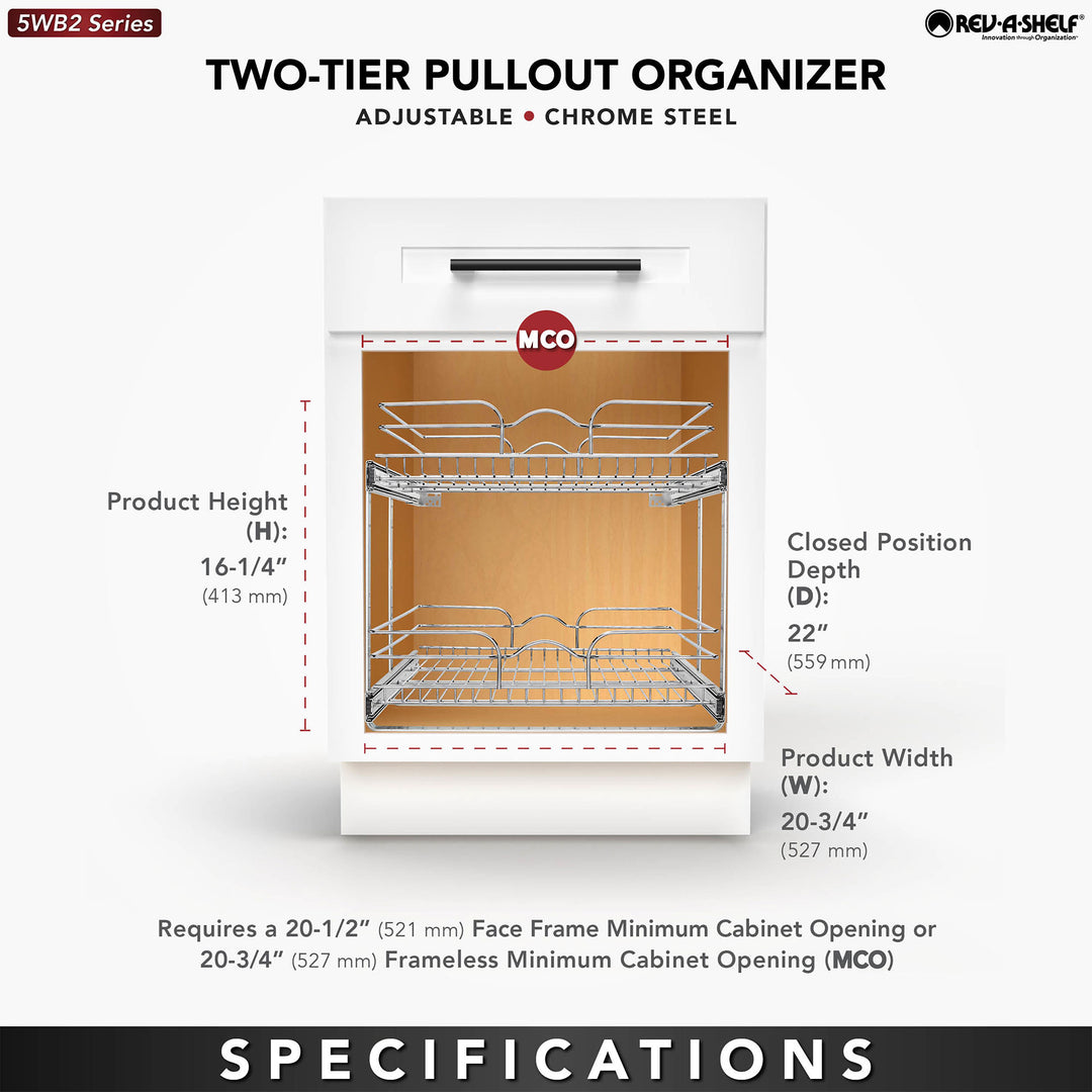 Rev-A-Shelf Pullout 2-Tier Basket Organizer for Kitchen or Vanity Cabinets, 21 x 22 In, 5WB2-2122CR-1