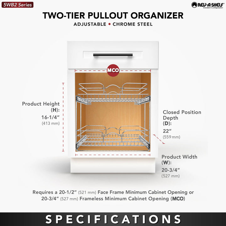 Rev-A-Shelf Pullout 2-Tier Basket Organizer for Kitchen or Vanity Cabinets, 21 x 22 In, 5WB2-2122CR-1