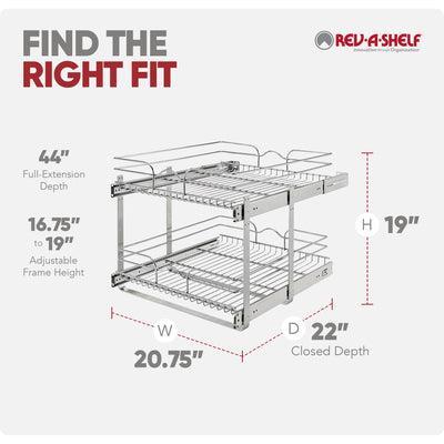 Rev-A-Shelf Pullout 2-Tier Basket Organizer for Kitchen or Vanity Cabinets, 21 x 22 In, 5WB2-2122CR-1