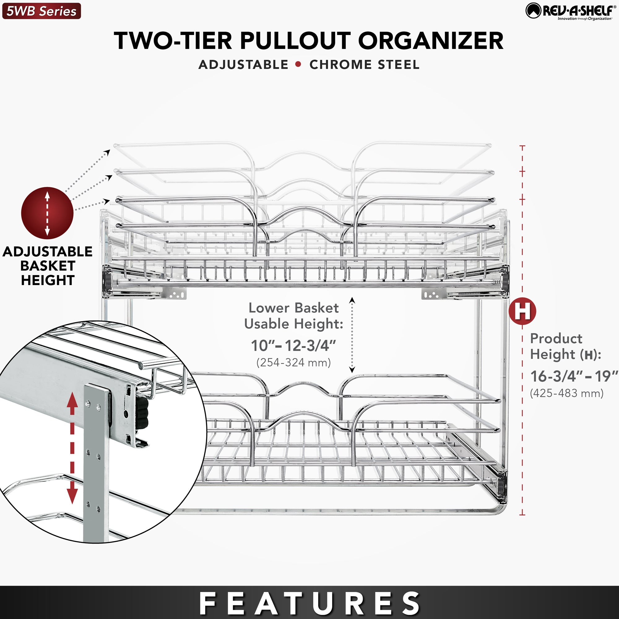 Rev-A-Shelf Pullout 2-Tier Basket Organizer for Kitchen or Vanity Cabinets, 21 x 22 In, 5WB2-2122CR-1