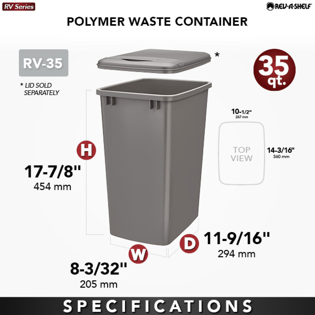 Rev-A-Shelf 35 Qt Under Sink Trash Can Replacement, Plastic, Silver, RV-35-17-52