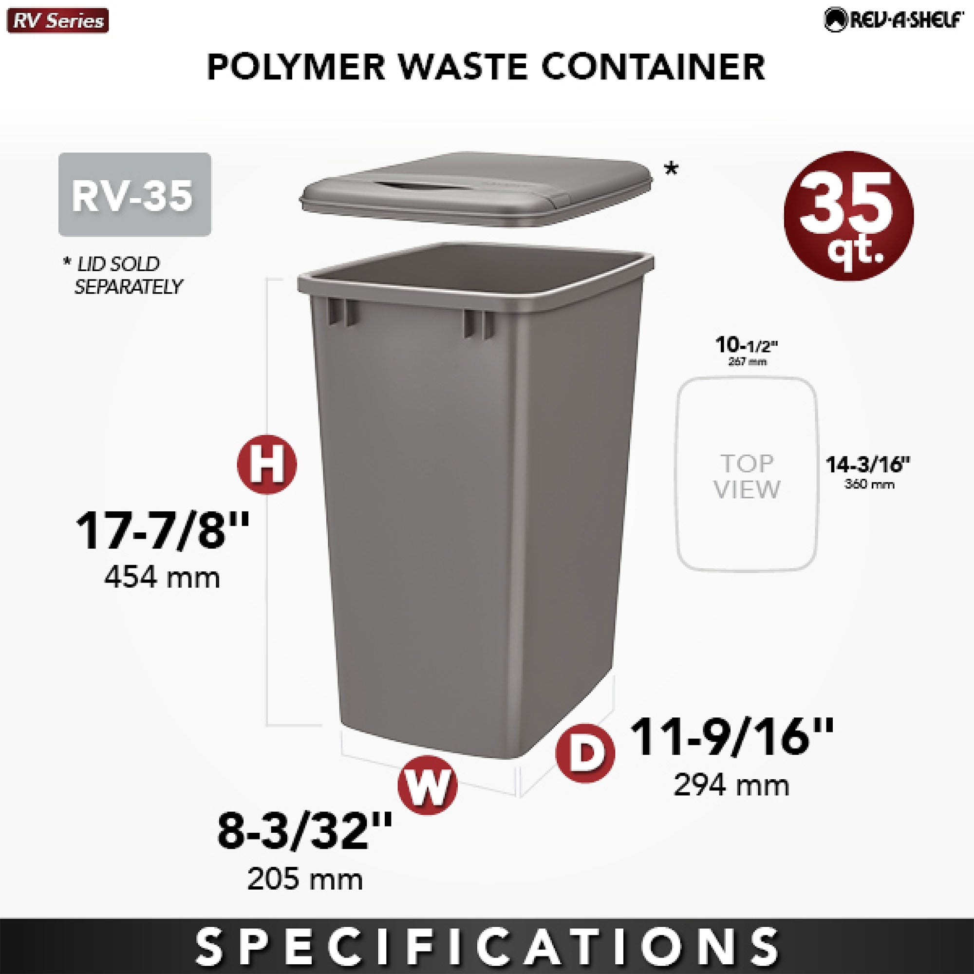 Rev-A-Shelf RV-35-17-52 35 Quart Replacement Waste Container, Silver (Open Box)