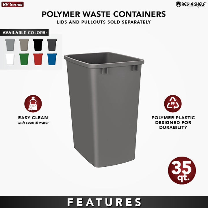 Rev-A-Shelf 35 Qt Under Sink Trash Can Replacement, Plastic, Silver, RV-35-17-52