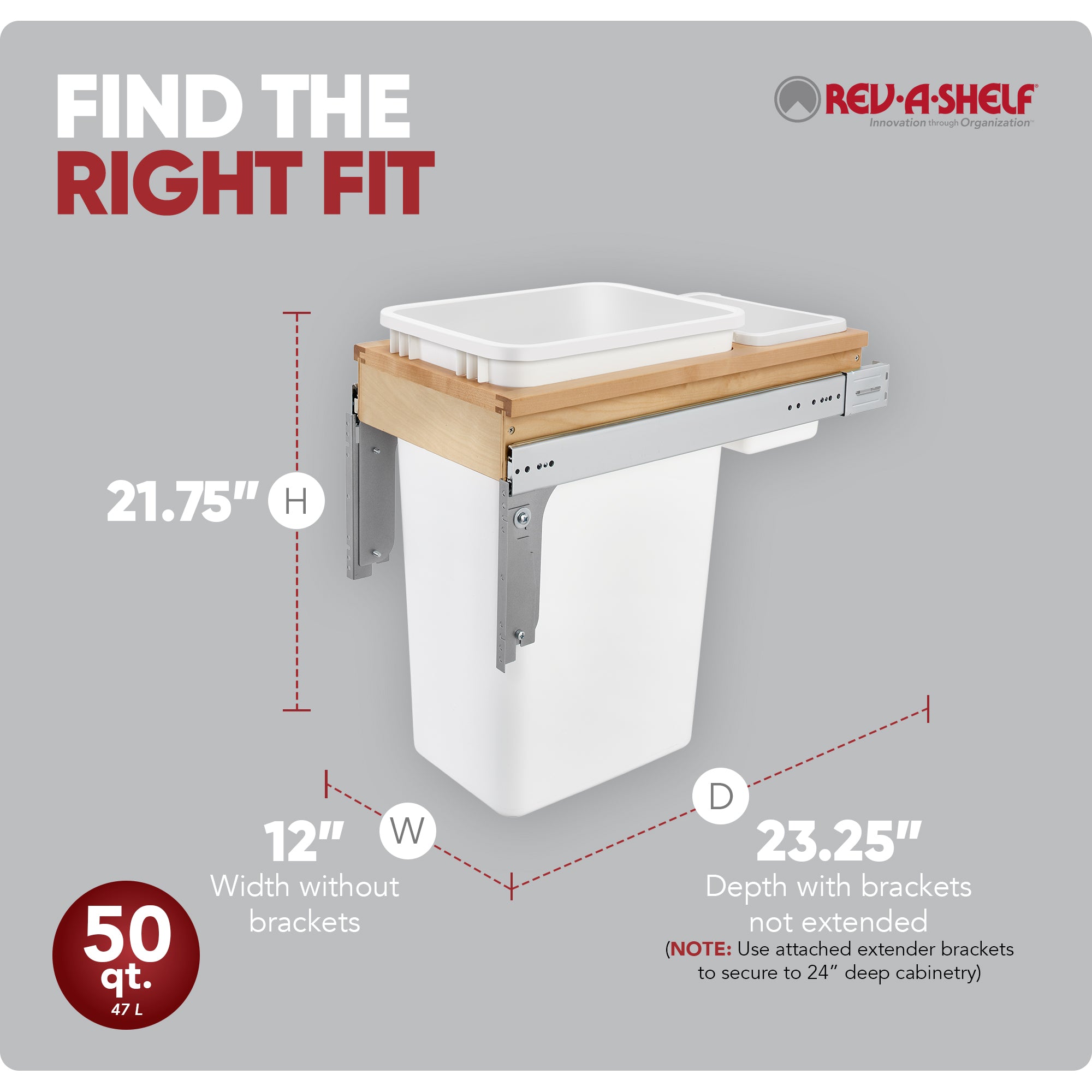 Rev-A-Shelf Pullout Trash Can, Full-Height Cabinet, 50 qt., White,4WCTM-1550DM-1 - VMInnovations