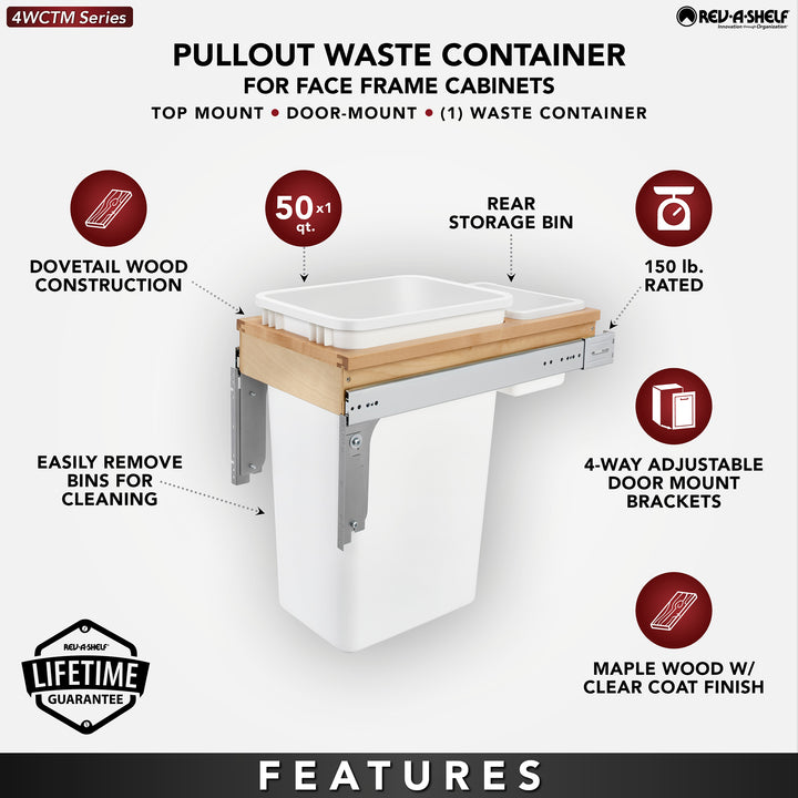 Rev-A-Shelf Single Pullout Top Mount Trash Can 50 qt., White, 4WCTM-1550DM-1