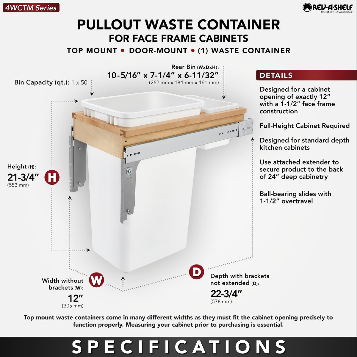 Rev-A-Shelf 4WCTM-1550DM-1 50 Quart Pullout Waste Container, White (Open Box)