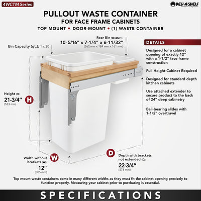 Rev-A-Shelf 4WCTM-1550DM-1 50 Quart Pullout Waste Container, White (Open Box)