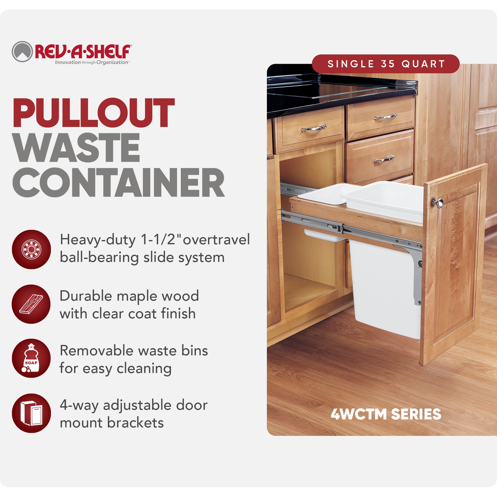 Rev-A-Shelf Single Pullout Top Mount Trash Can 35 qt., White, 4WCTM-12DM1 - VMInnovations