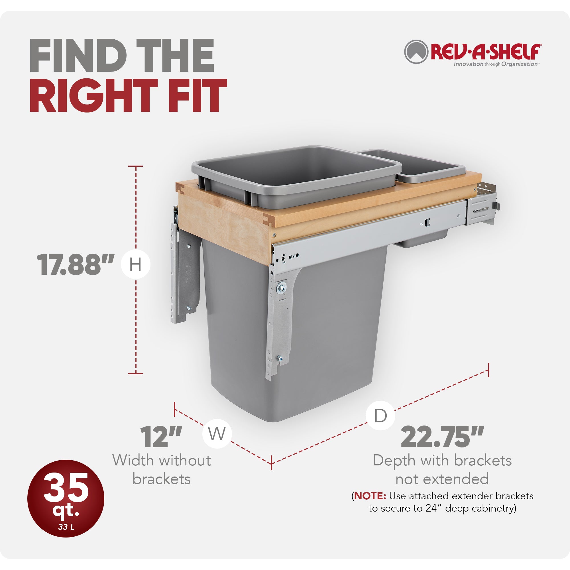 Rev-A-Shelf Pullout Top Mount Trash Can w/ Soft-close, 35 qt., 4WCTM-12BBSCDM1 - VMInnovations