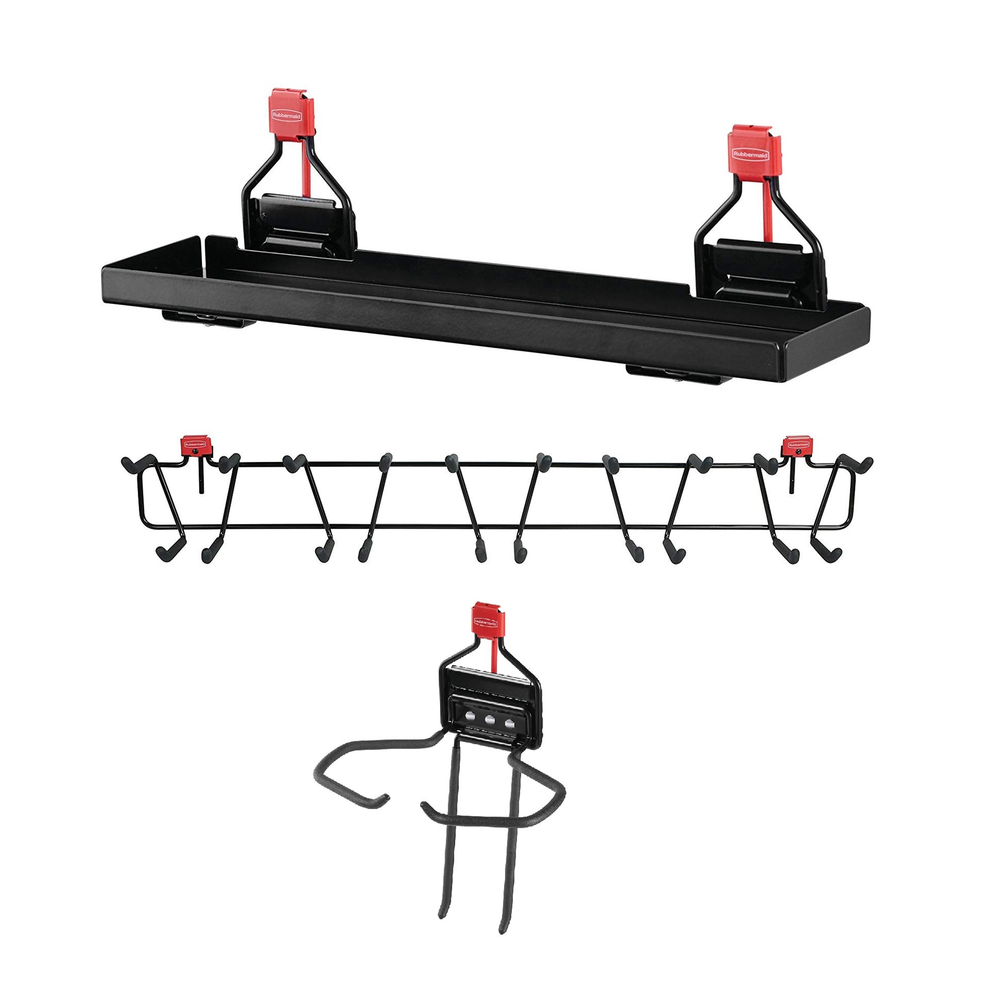 Rubbermaid Outdoor Metal Backyard Shed Shelf & 34” Tool Rack & Power Tool Holder