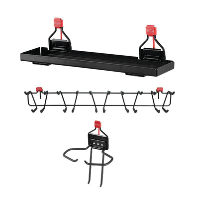 Rubbermaid Outdoor Metal Backyard Shed Shelf & 34” Tool Rack & Power Tool Holder