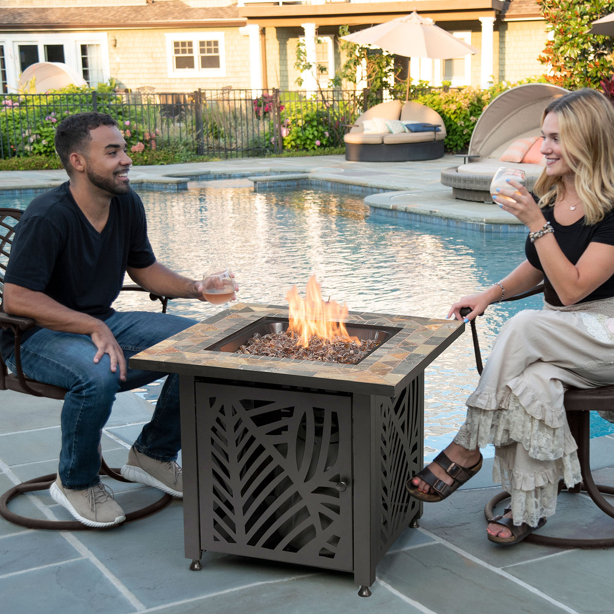 Endless Summer 50,000 BTU LP Gas Outdoor Fire Table w/ Tile Mantel & Fire Glass