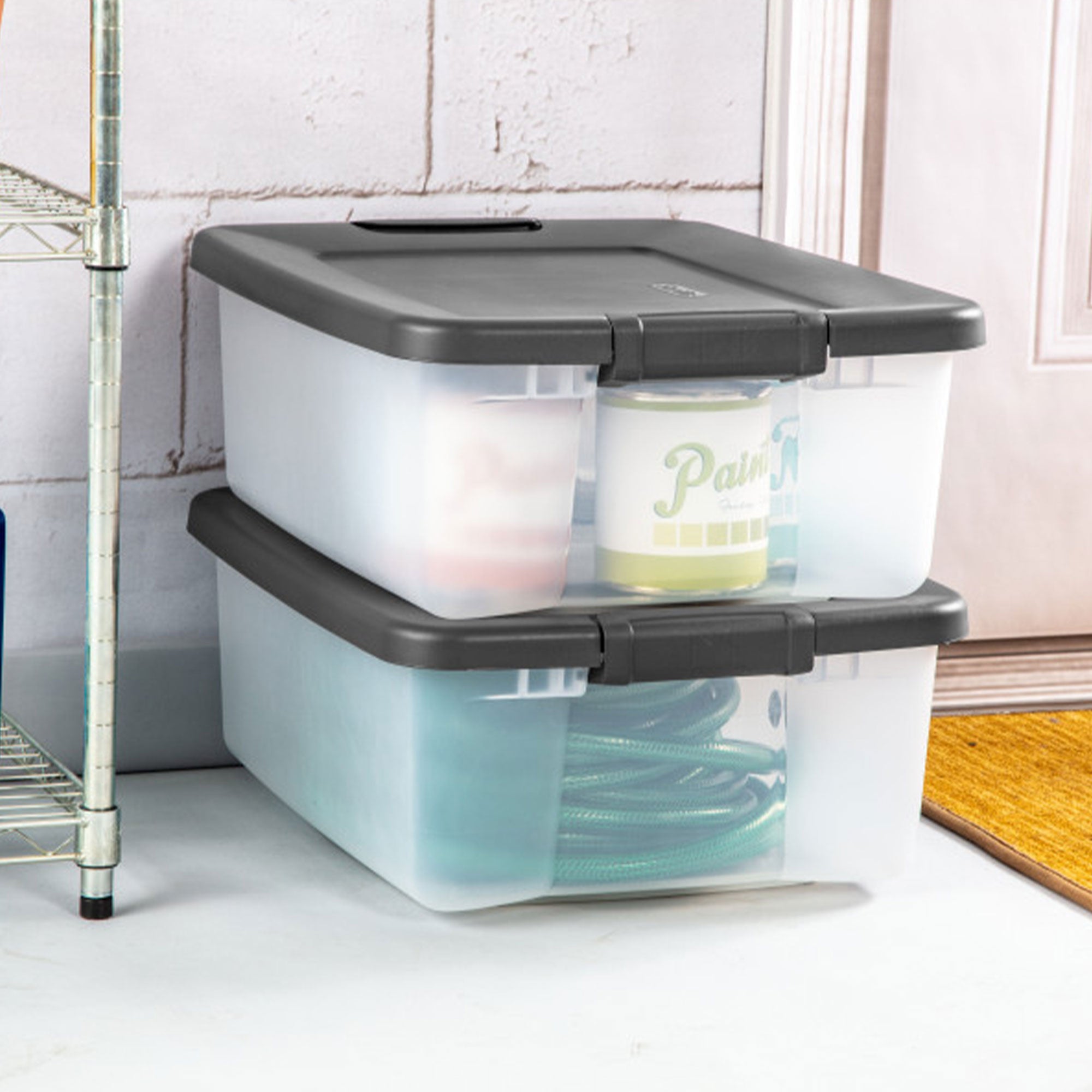 Sterilite 25 Qt. Shelf Tote Driftwood Lid Clear Base w/Platinum Latches(24 Pack) - VMInnovations