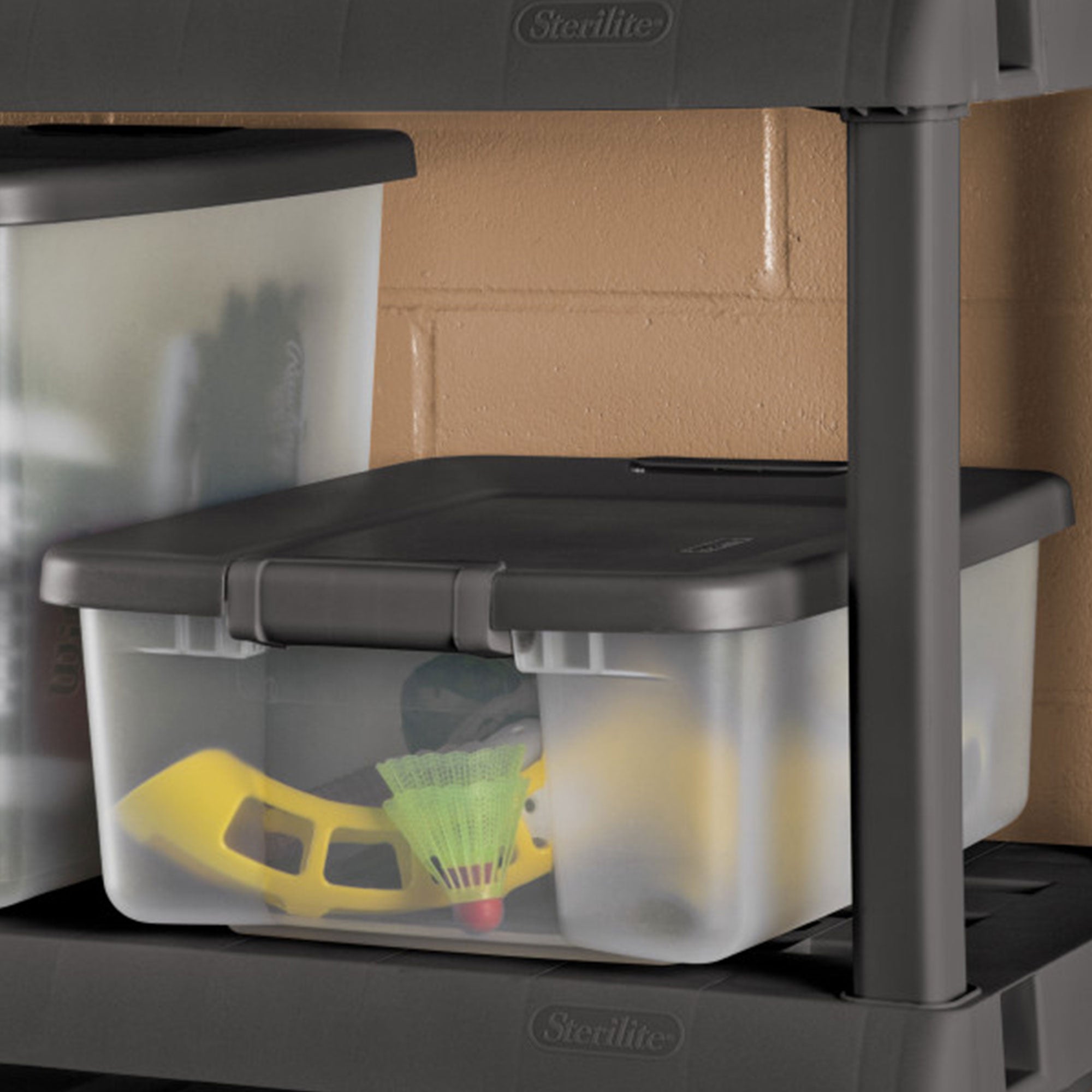 Sterilite 25 Qt. Shelf Tote Driftwood Lid Clear Base w/Platinum Latches(24 Pack) - VMInnovations