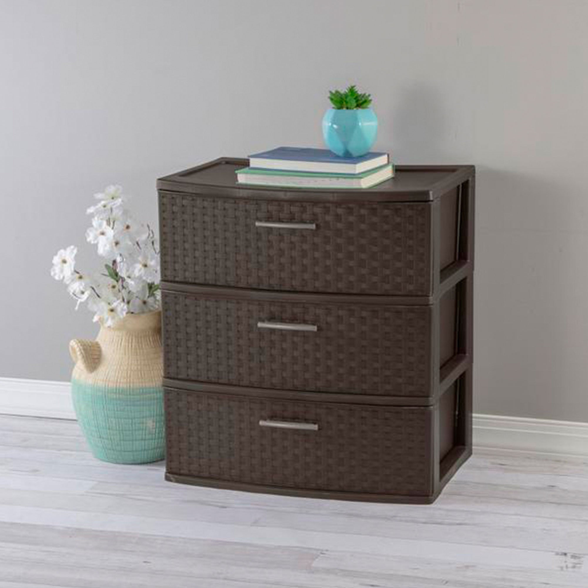 Sterilite 3 Drawer Wide Weave Storage Tower, Plastic Organizer Drawers, Brown - VMInnovations