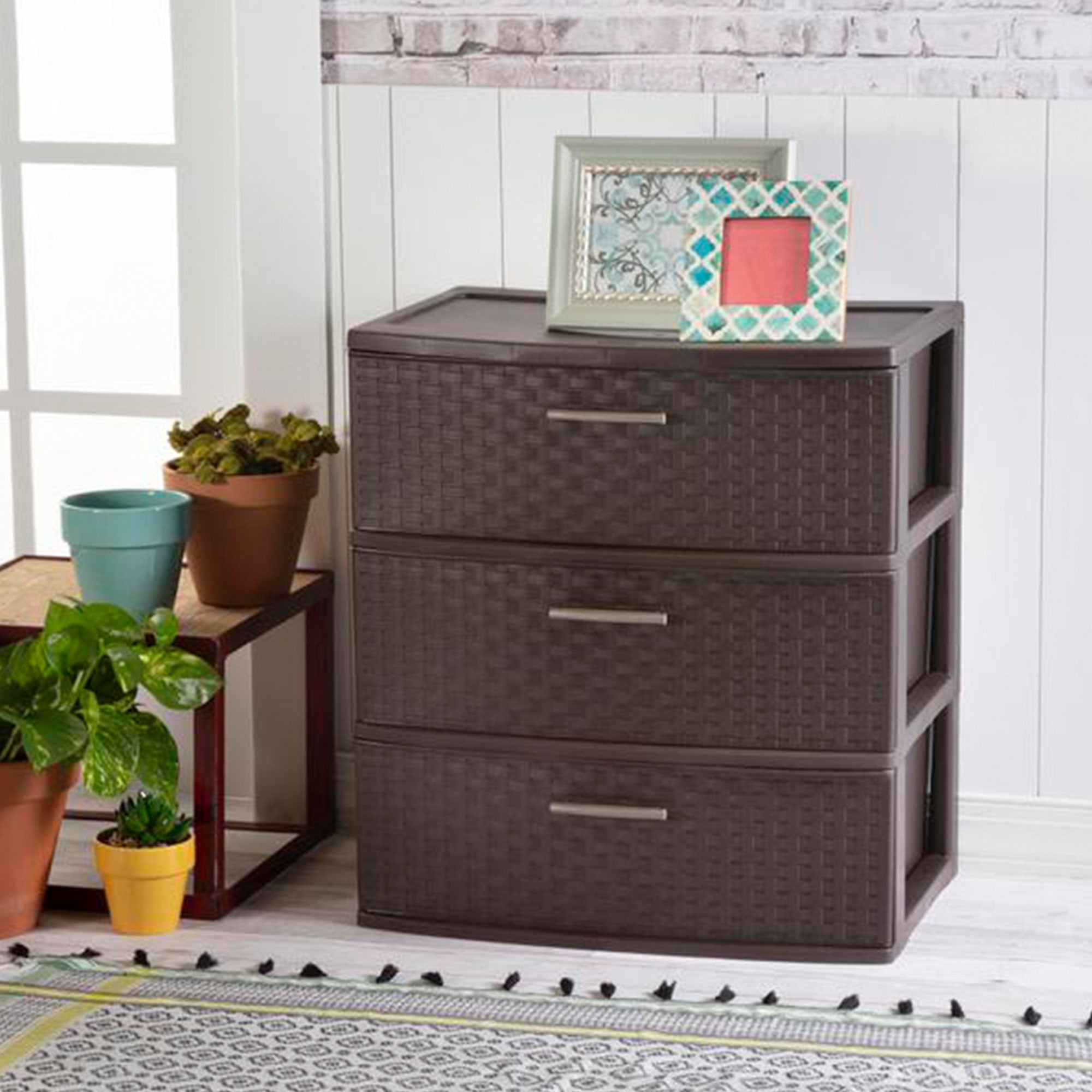 Sterilite 3 Drawer Wide Weave Storage Tower, Plastic Organizer Drawers, Brown - VMInnovations