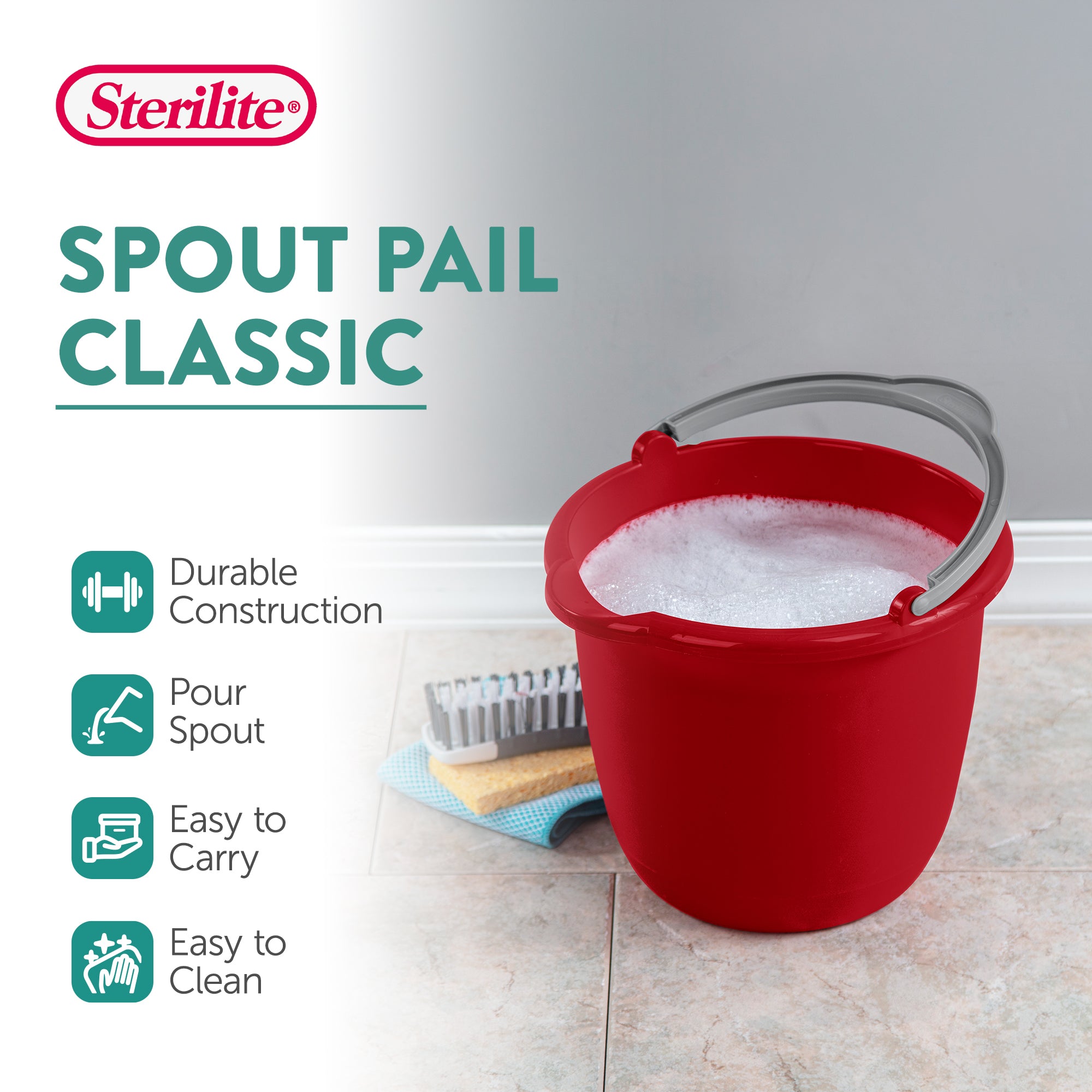 Sterilite Large 10 Qt Easy Pour Spout Pail with Comfy Grip Handle, Red (48 Pack)