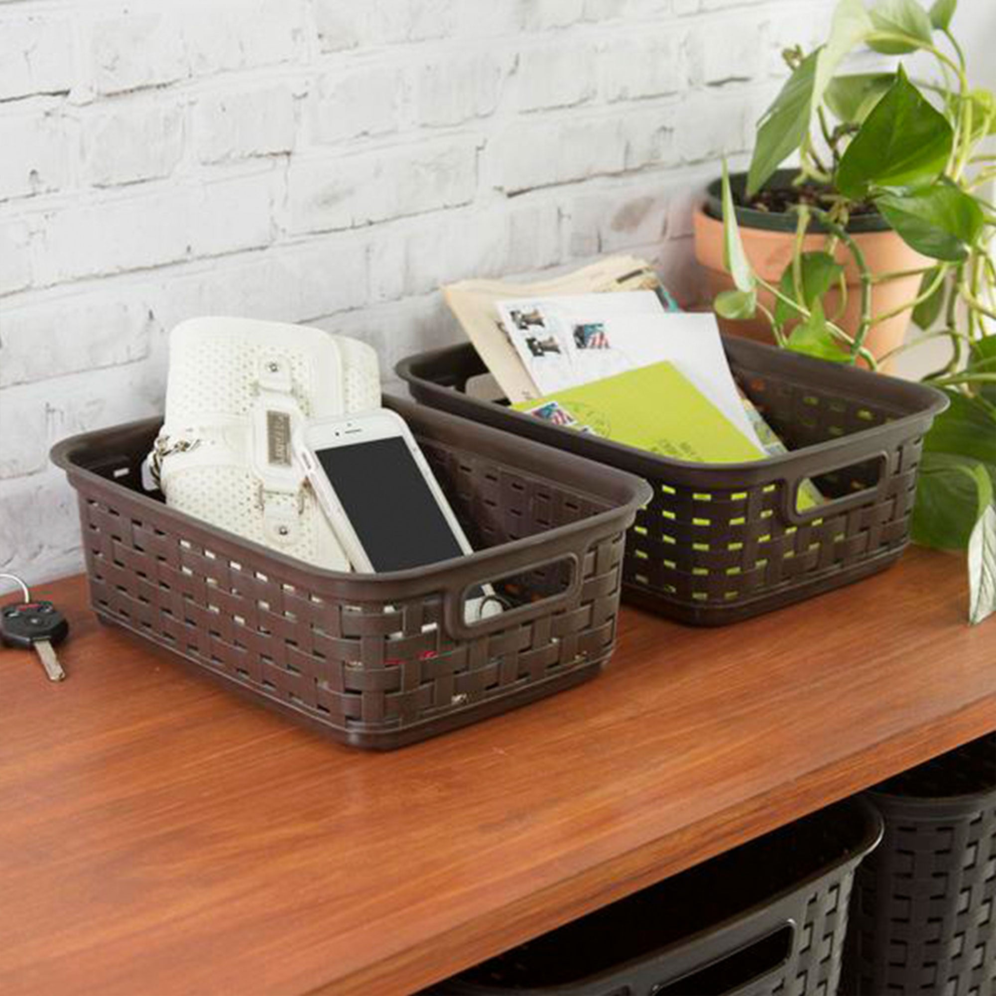 Sterilite 11 Inch Small Weave Storage Organizer Basket Tote, Espresso (16 Pack)