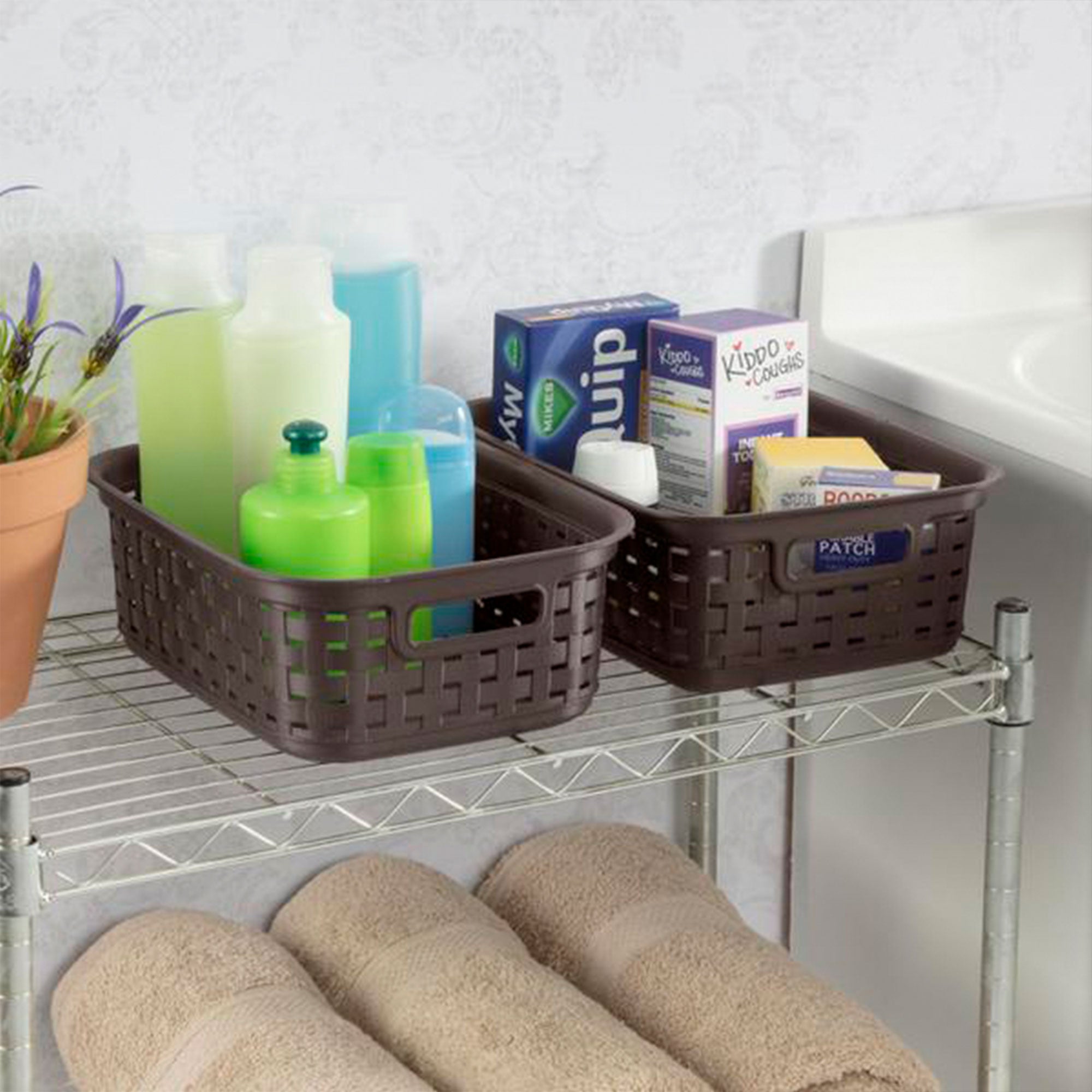 Sterilite 11 Inch Small Weave Storage Organizer Basket Tote, Espresso (16 Pack)