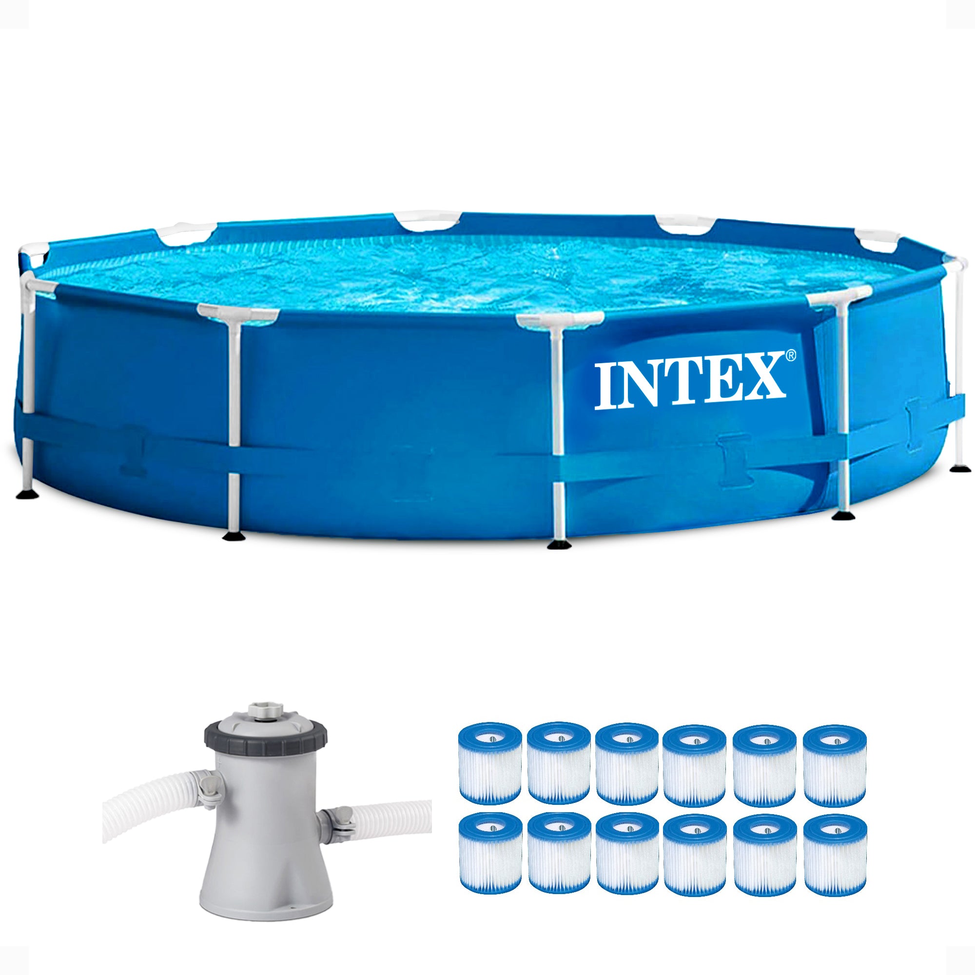 Intex Metal Frame Pool Set w/ Filter Pump and Type H Filter Cartridges (12 Pack) - VMInnovations