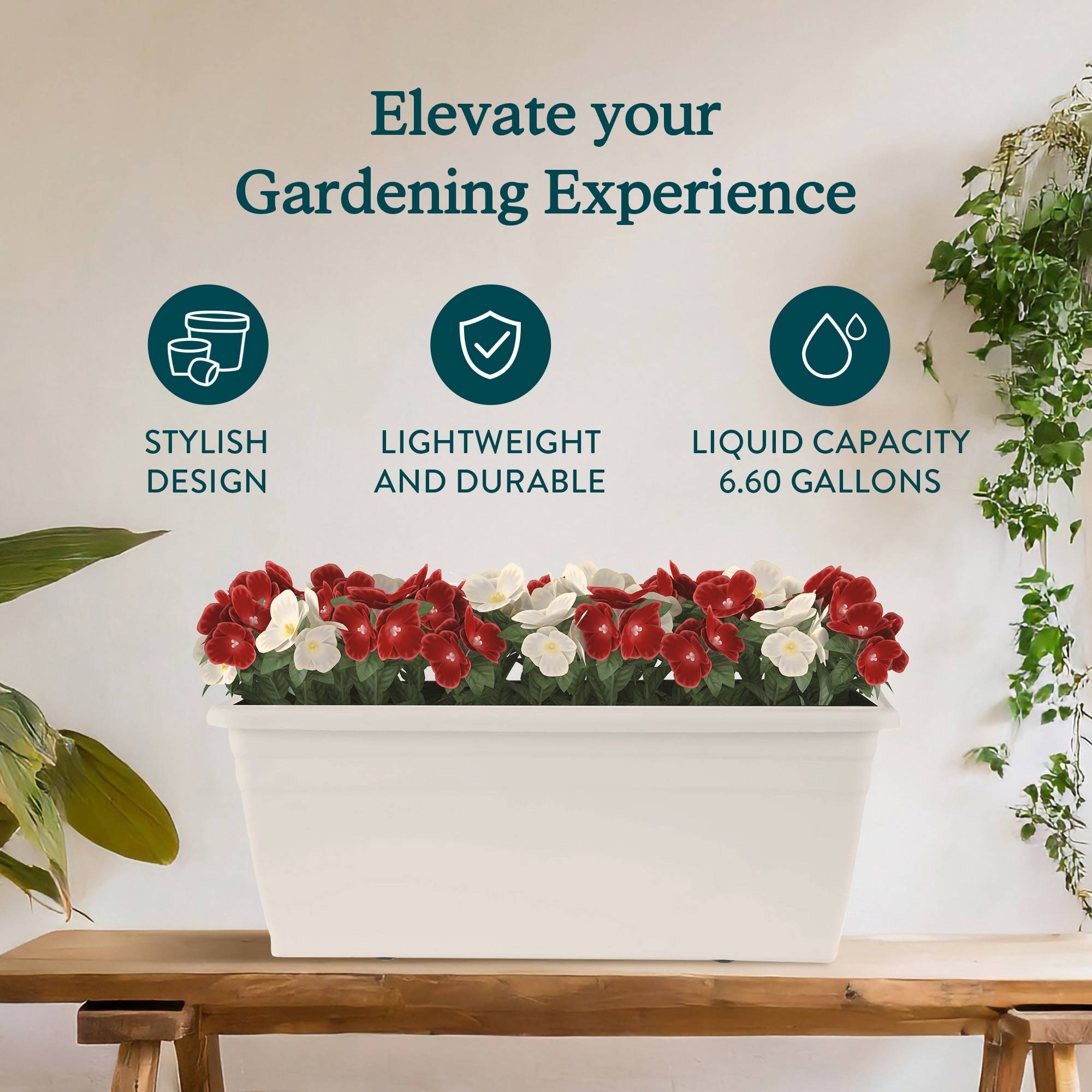 HC Companies 24 Inch Deck Rail Box Planter with Drainage Holes, White (4 Pack) - VMInnovations