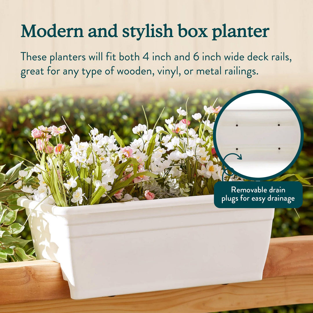 HC Companies 24 Inch Deck Rail Box Planter with Drainage Holes, White (4 Pack)