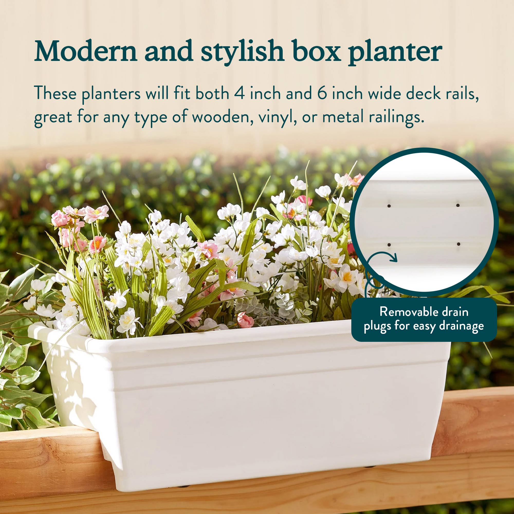 HC Companies 24 Inch Deck Rail Box Planter with Drainage Holes, White (4 Pack) - VMInnovations