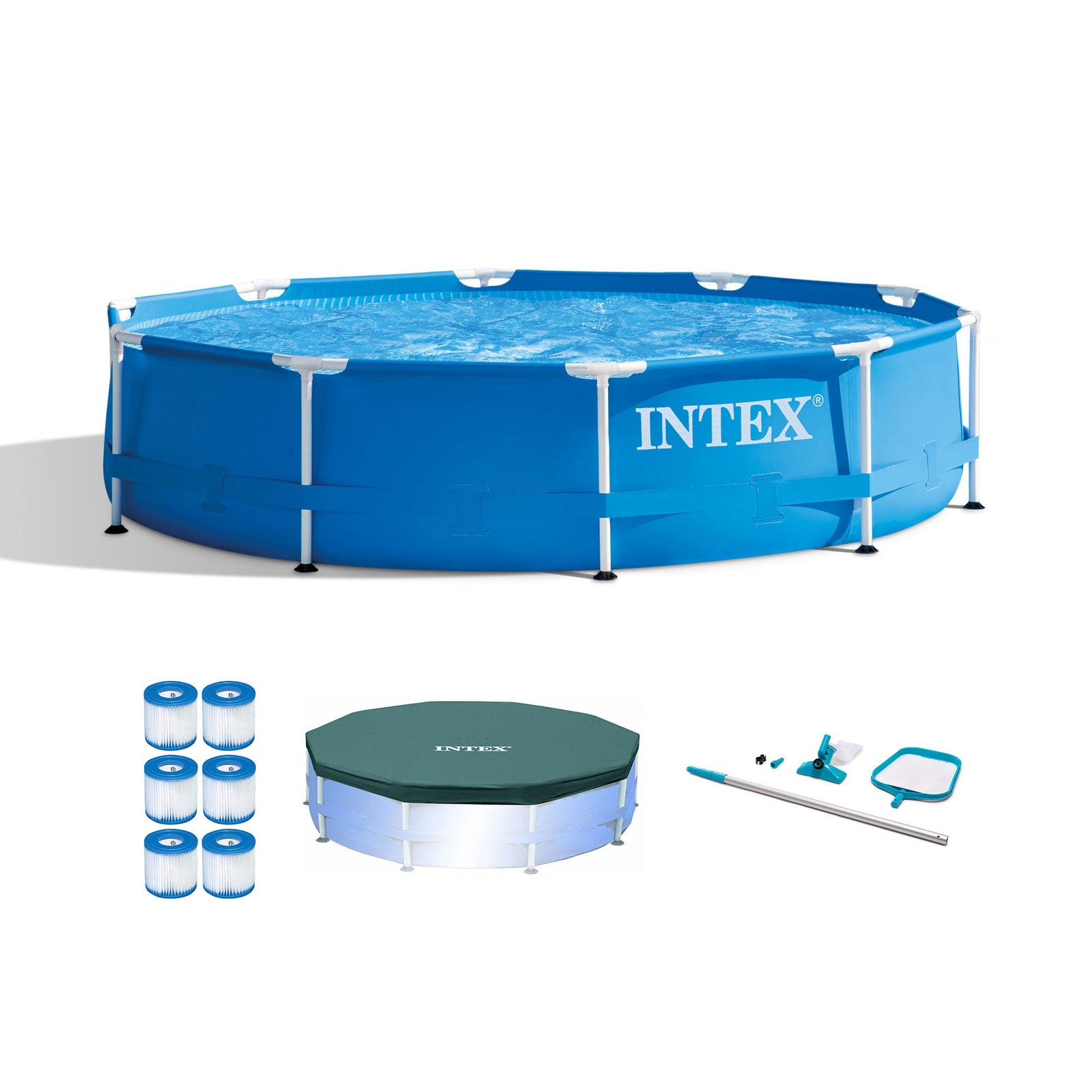 Intex 10' Round Pool with Maintenance Kit, Cover, and Filter Cartridges (6 Pack) - VMInnovations