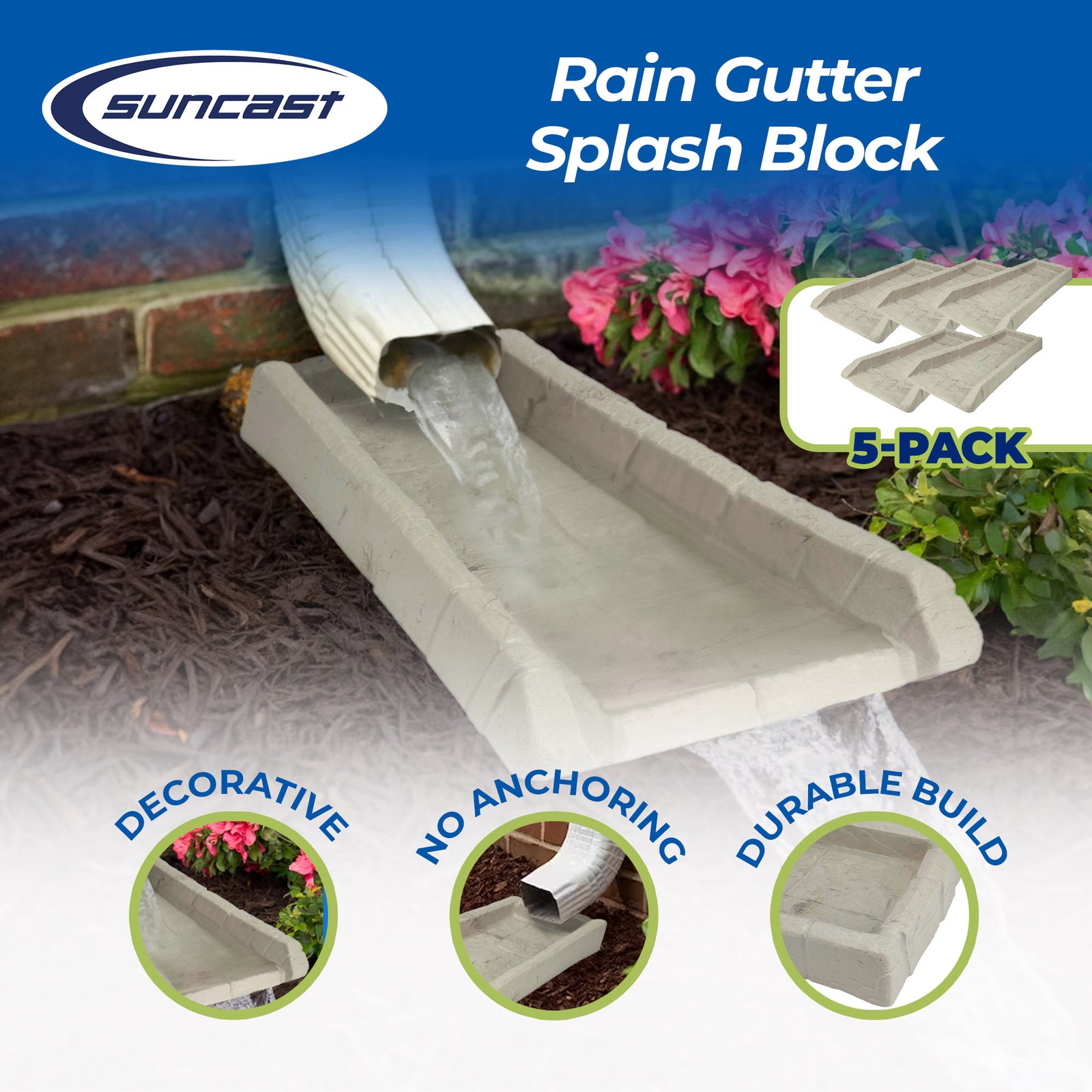 Suncast SB24 Decorative Rain Gutter Downspout Splash Block, Light Taupe (5 Pack) - VMInnovations