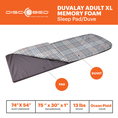 Disc-O-Bed Duvalay Adult XL Memory Foam Sleep Pad/Duvet, Ocean Plaid - VMInnovations