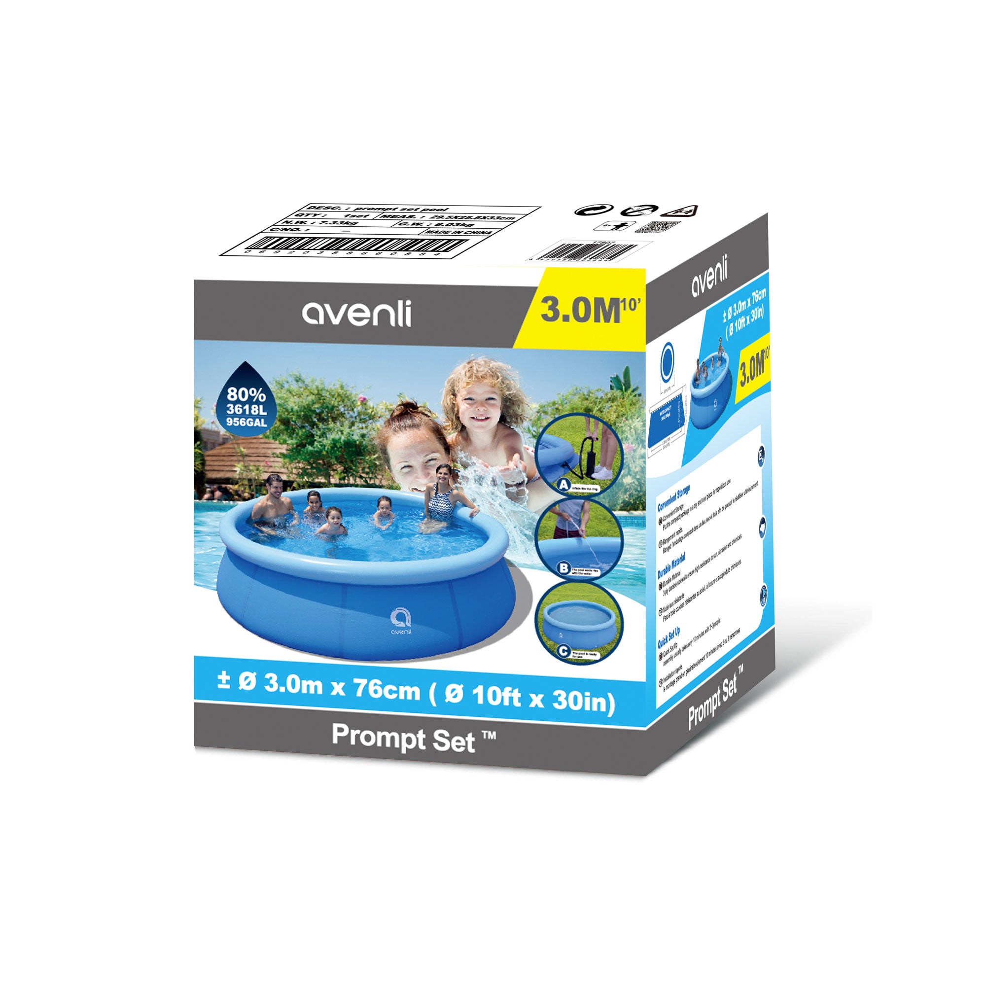JLeisure 10'x30" Prompt Set Pool, CleanPlus Pump, Filter Cartridge & Pool Vacuum