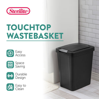 Sterilite 7.5 Gallon TouchTop Wastebasket with Titanium Latch, Black (12 Pack)