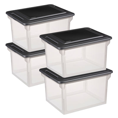 Sterilite File Box, Document Filing Storage Bin with Lid, Clear/Black, 4 Pack - VMInnovations