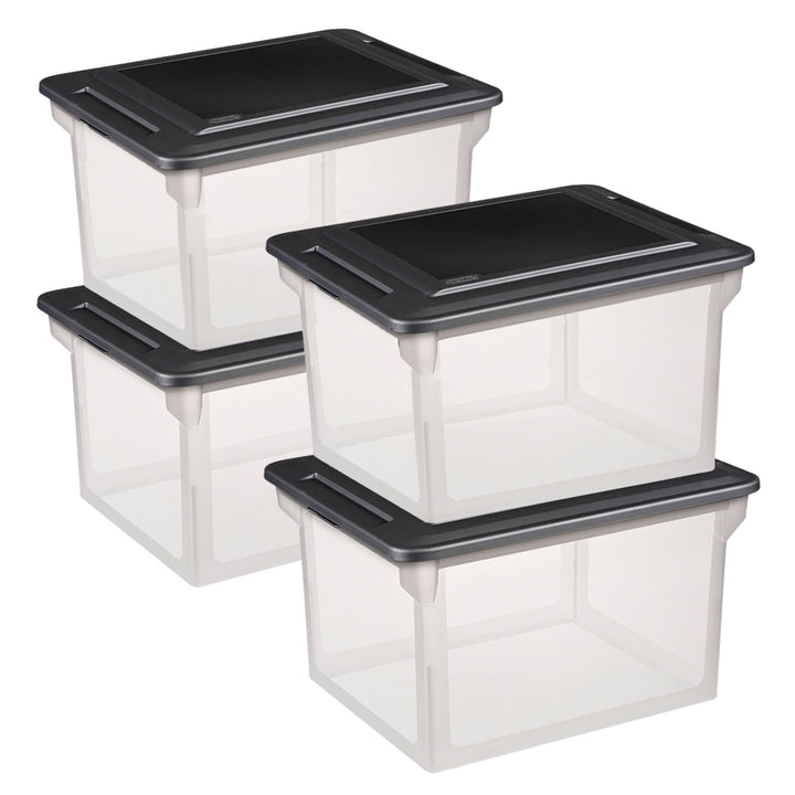 Sterilite File Box, Document Filing Storage Bin with Lid, Clear/Black, 4 Pack