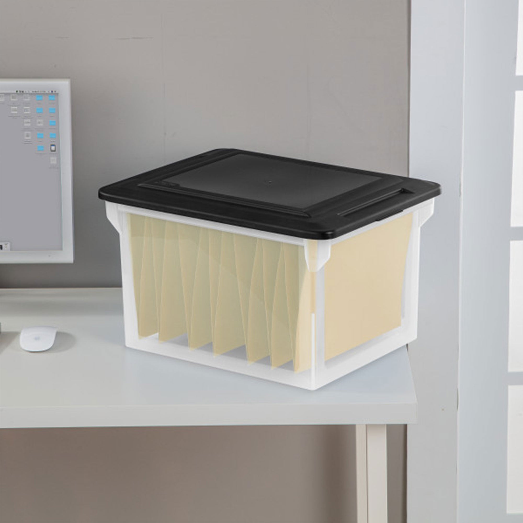 Sterilite File Box, Document Filing Storage Bin with Lid, Clear/Black, 4 Pack
