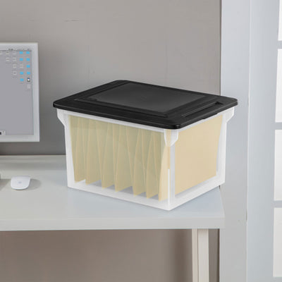 Sterilite File Box, Document Filing Storage Bin with Lid, Clear/Black, 4 Pack