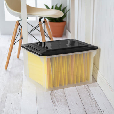 Sterilite File Box, Document Filing Storage Bin with Lid, Clear/Black, 4 Pack