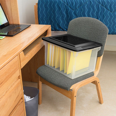 Sterilite File Box, Document Filing Storage Bin with Lid, Clear/Black, 4 Pack