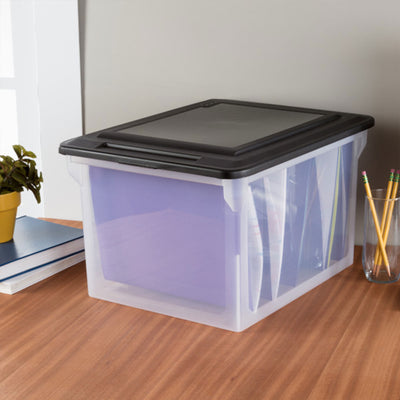 Sterilite File Box, Document Filing Storage Bin with Lid, Clear/Black, 4 Pack