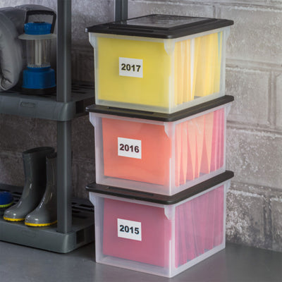 Sterilite File Box, Document Filing Storage Bin with Lid, Clear/Black, 4 Pack