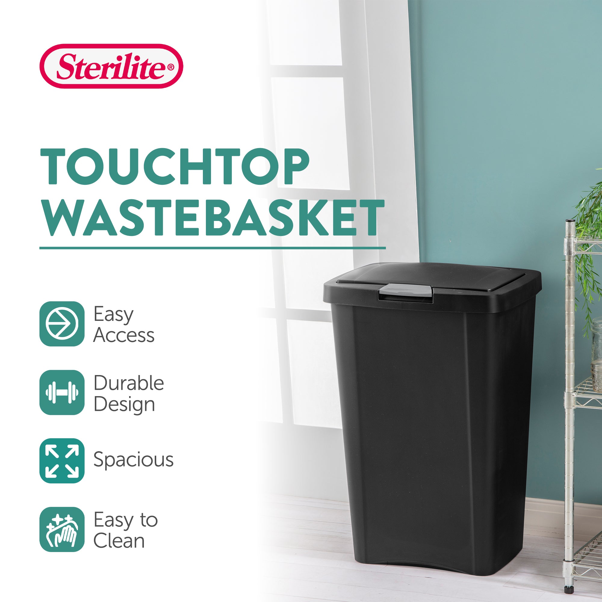 Sterilite 13 Gallon TouchTop Wastebasket with Titanium Latch, Black (16 Pack)
