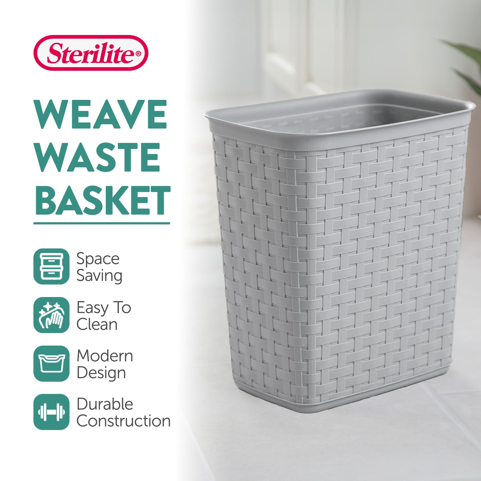 Sterilite 3.4 Gallon/13 Liter Decorative Weave Wastebasket, Cement (6 Pack) - VMInnovations