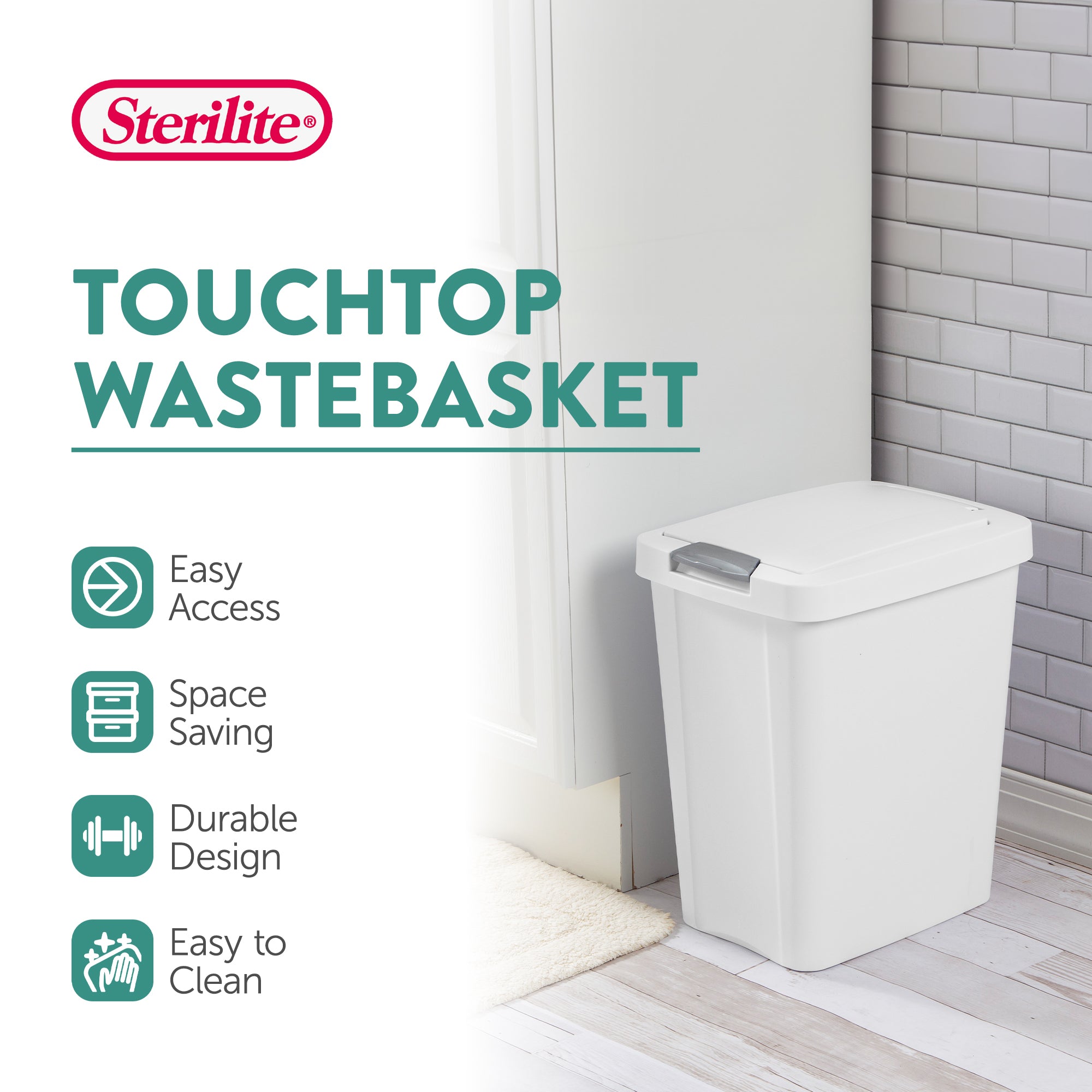 Sterilite 10438004 7.5 Gal TouchTop Wastebasket w/ Titanium Latch, White 16 Ct